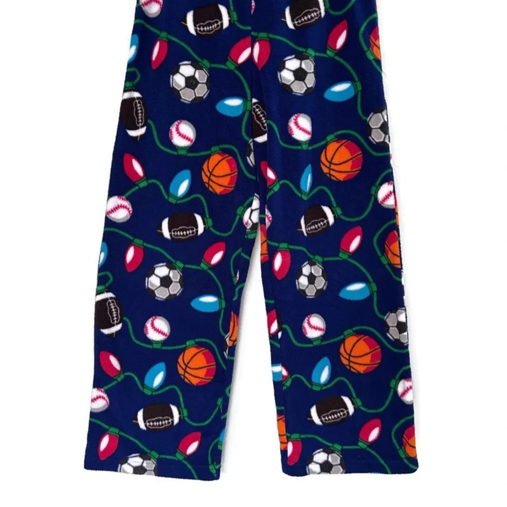 Christmas Sports Fleece Pajama Pants Boy L 10-12 Football Soccer Baseball Basket